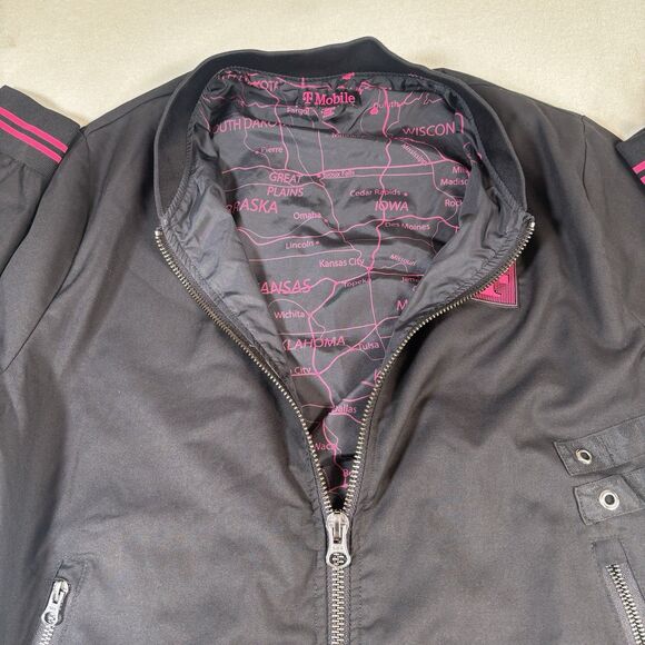 T-Mobile Women’s Bomber Jacket Sz L Black Pink Zip Pockets Employee Lining EUC - Picture 5 of 7